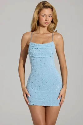 Embellished Cowl Neck Mini Dress in Sky Blue | Oh Polly