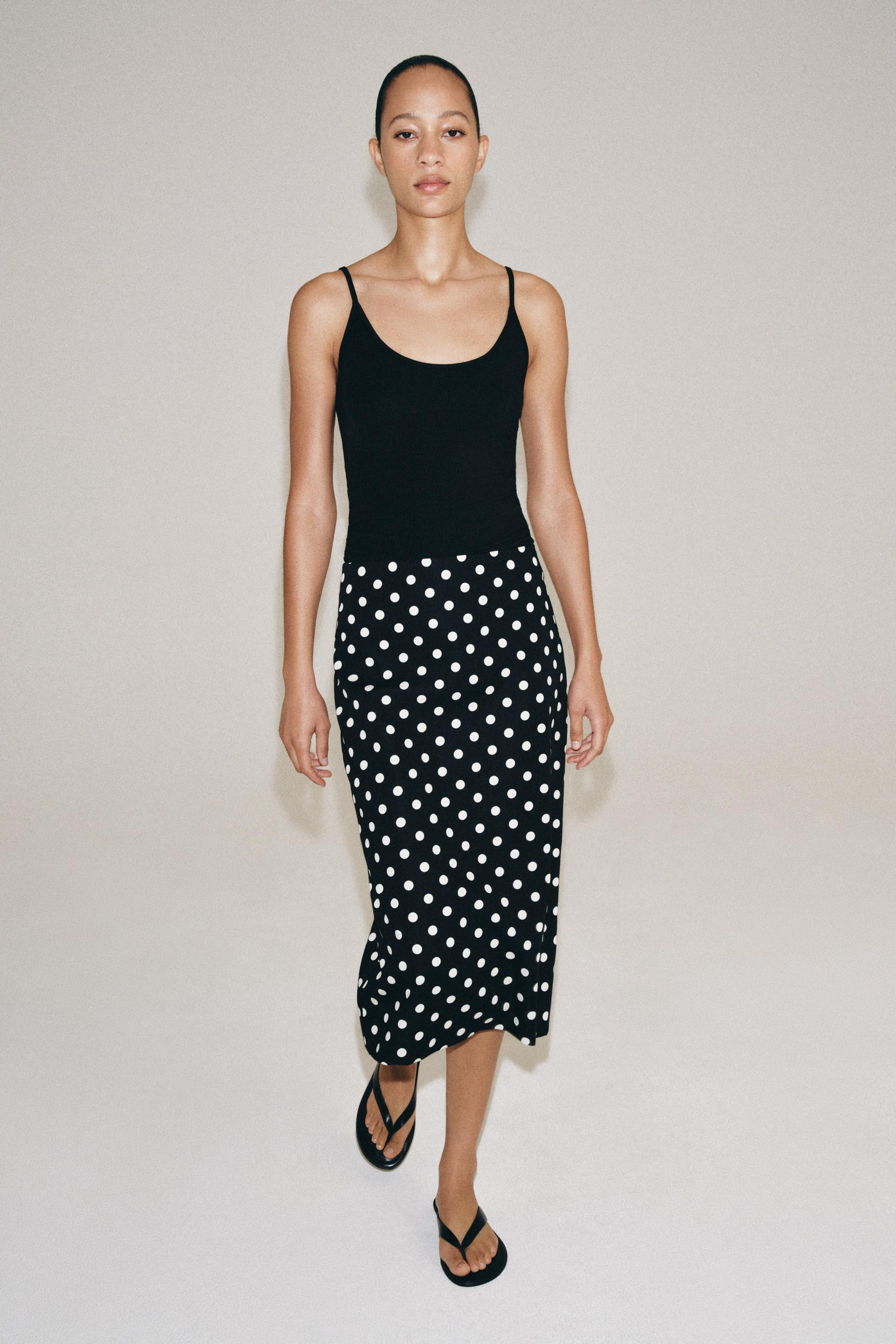 Zara - Zw Collection Polka Dot Midi Skirt - Black / White - Xs - Woman | Zara US