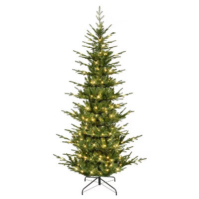 Puleo 7.5' Pre-Lit Artificial Slim Hillside Spruce Tree | Target