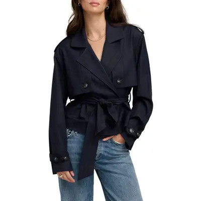 Favorite Daughter The Cropped Charles Plaid Trench Coat in Midnight Plaid at Nordstrom, Size X-Large | Nordstrom