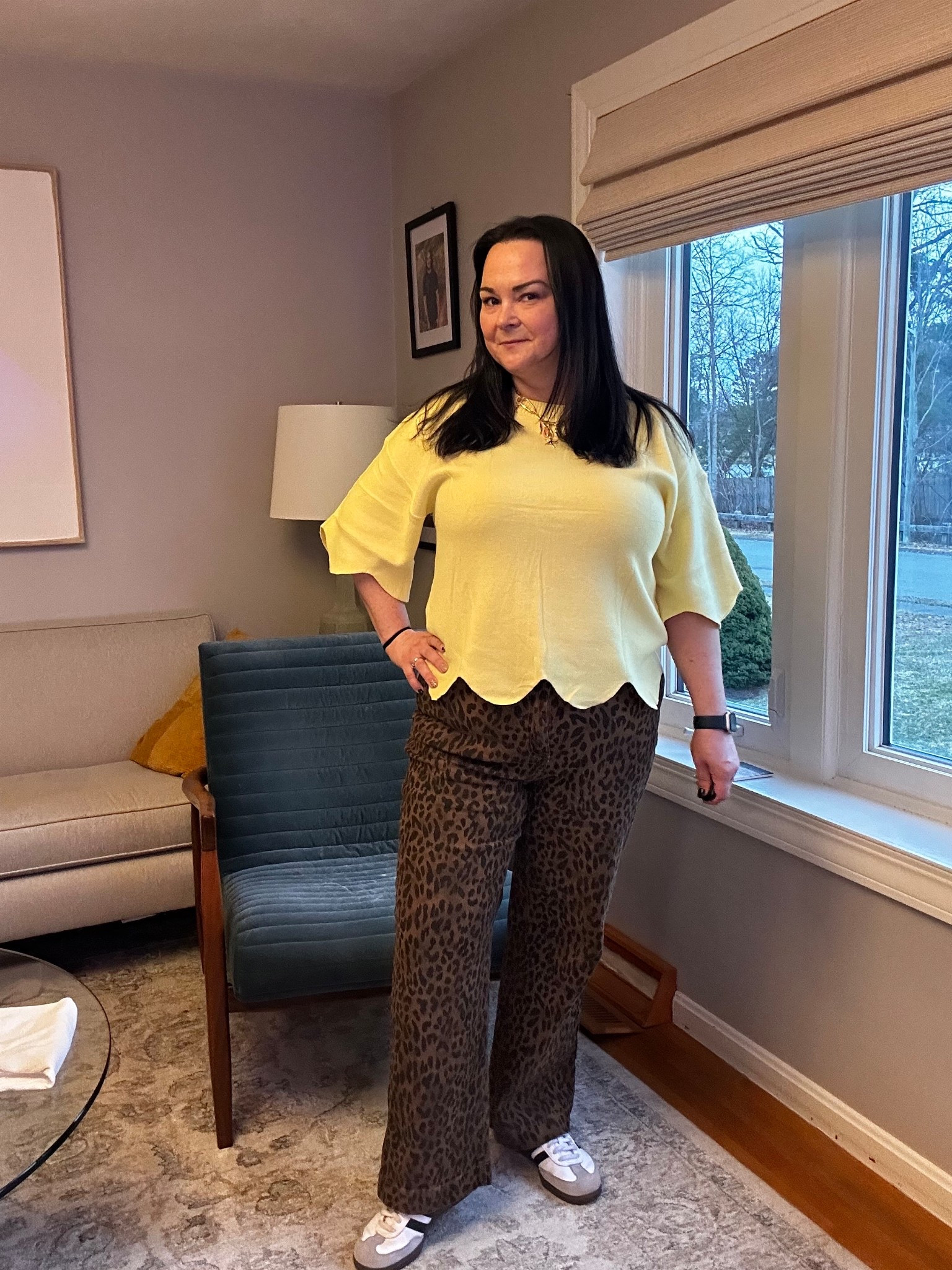 Midsize teacher outfit that actually works all day 🙌
If I have to suck in, it’s out—and this one passed the full teacher day test.

Wore this to school (no AC 🥵) and stayed comfortable from first period to dismissal. The wide leg leopard pants are lightweight, breathable, and easy to move in, and this yellow top is soft, flowy, and not clingy at all.

✔️ sat at my desk comfortably
✔️ hallway laps approved
✔️ no adjusting all day
✔️ still felt put together by 3pm

Everything is true to size (I’m 5’4”, size 14/16, L/XL for reference). Sneakers keep it casual and practical for teaching.

#LTKMidsize #LTKootd #LTKWorkwear