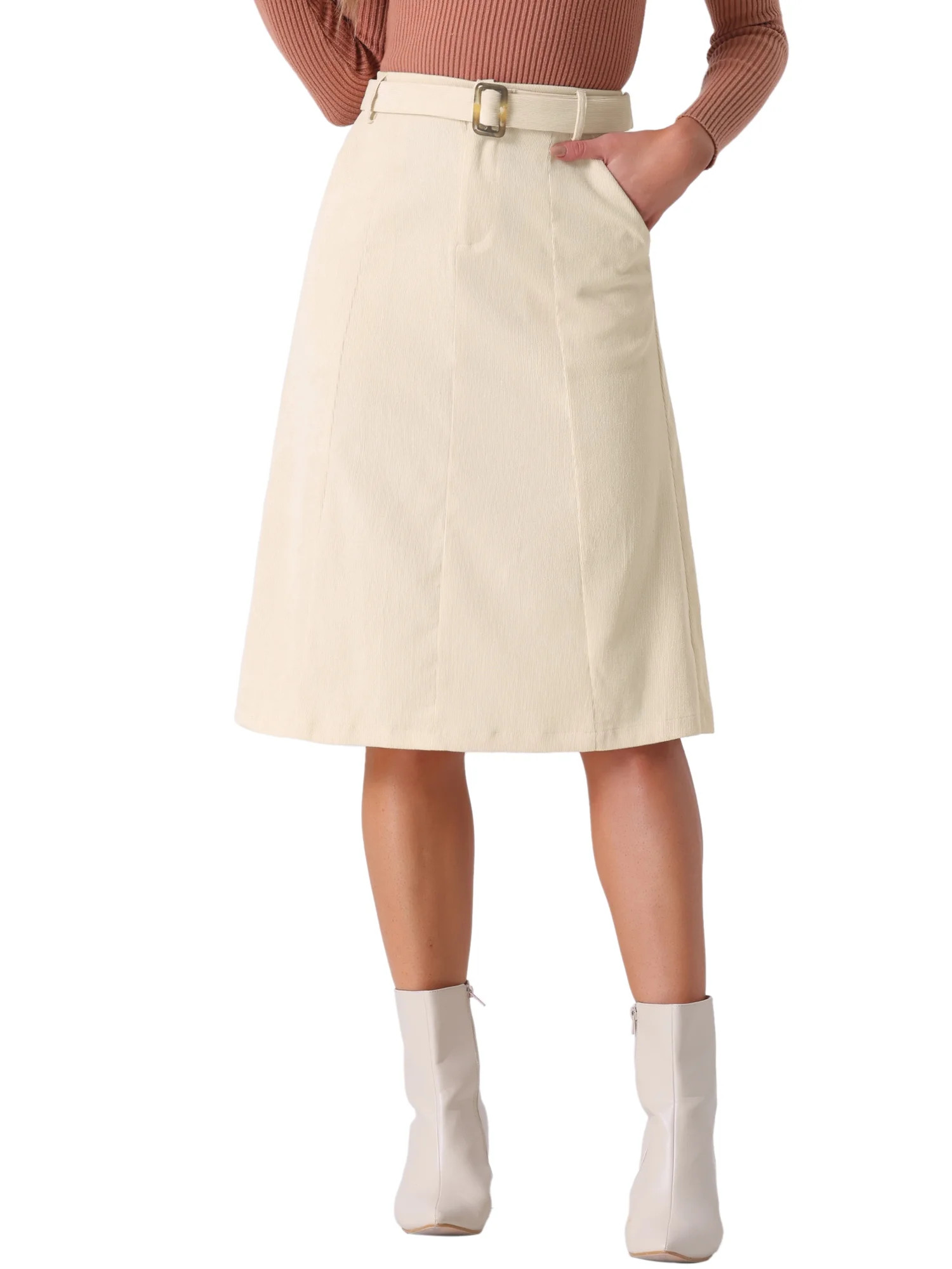 INSPIRE CHIC Women's Skirt High Elastic Waist A-Line Belted Fall Winter Midi Corduroy Skirt L Bei... | Walmart (US)