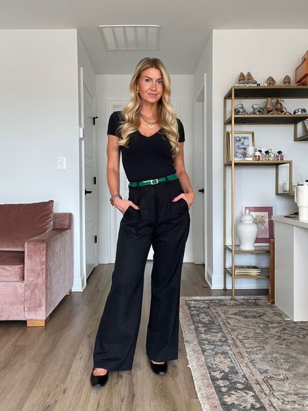 All black look with thin green belt and Mary Janes. How to style black trousers 

#LTKstyletip #LTKshoecrush #LTKSeasonal