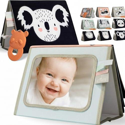 Soft Tummy Time Book w/ Large Stimulating Baby Safe Mirror - Fun High Contrast Montessori Toy w/ Mirror, Crinkle Filling & Silicone Teether - The Perfect Toy For Safe Early Newborn/Infant Development | Amazon (US)