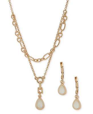 Anne Klein Gold-Tone Mother-of-Pearl Tear-Shape Layered Pendant Necklace & Drop Earrings Set - Ma... | Macy's