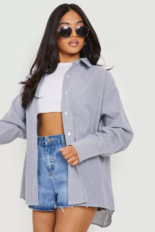 Petite Stripe Oversized Beach Shirt | Boohoo.com (UK & IE)