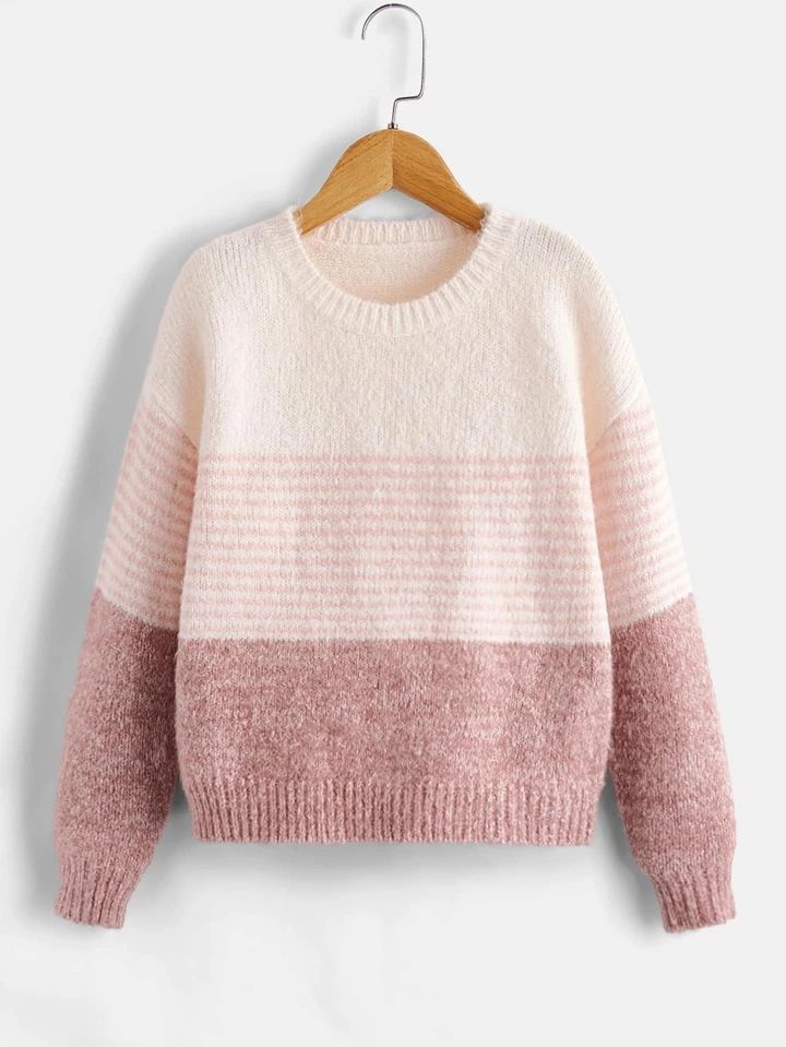 SHEIN Kids EVRYDAY Girls Striped Pattern Colorblock Drop Shoulder Sweater | SHEIN