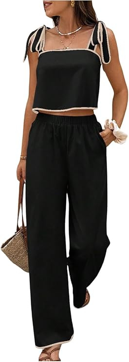 SOLY HUX Women's Summer Vacation 2 Piece Set Tie Shoulder Crop Top and Pants Travel Outfits | Amazon (US)