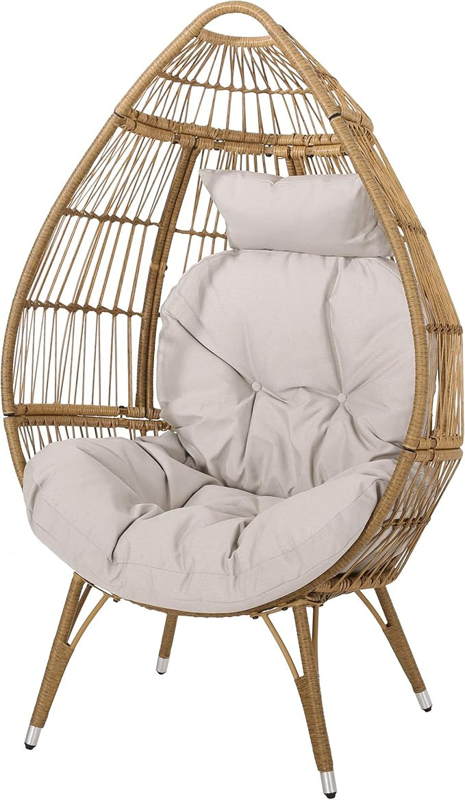 Christopher Knight Home Aimee Outdoor Wicker Teardrop Chair with Cushion, Beige and Light Brown | Amazon (US)