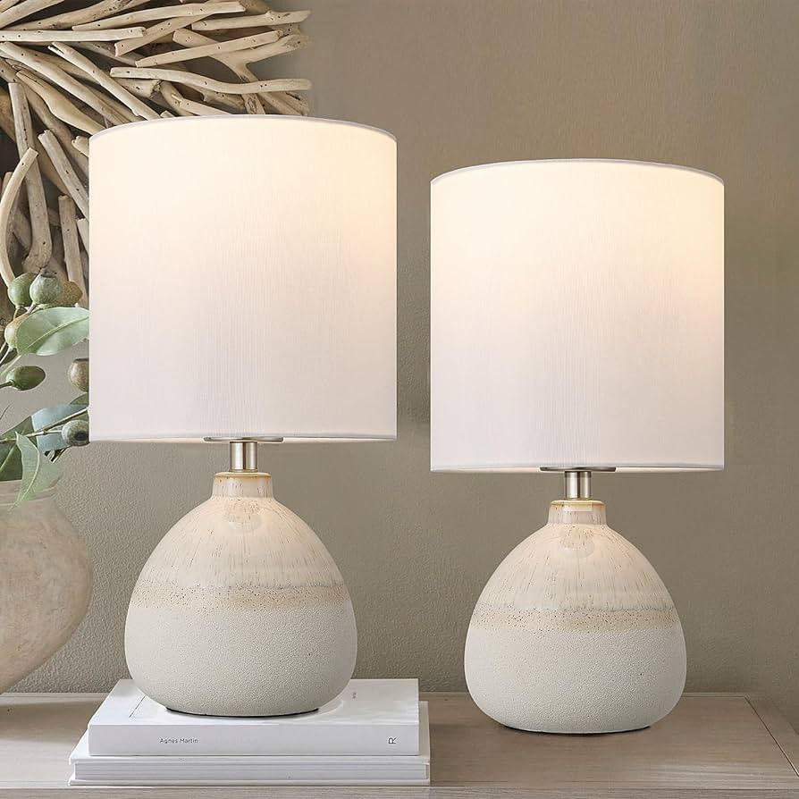 Set of 2 Ceramic Table Lamp for Bedroom, Small Table Lamp White Farmhouse Rustic Lamp Set Bedside... | Amazon (US)