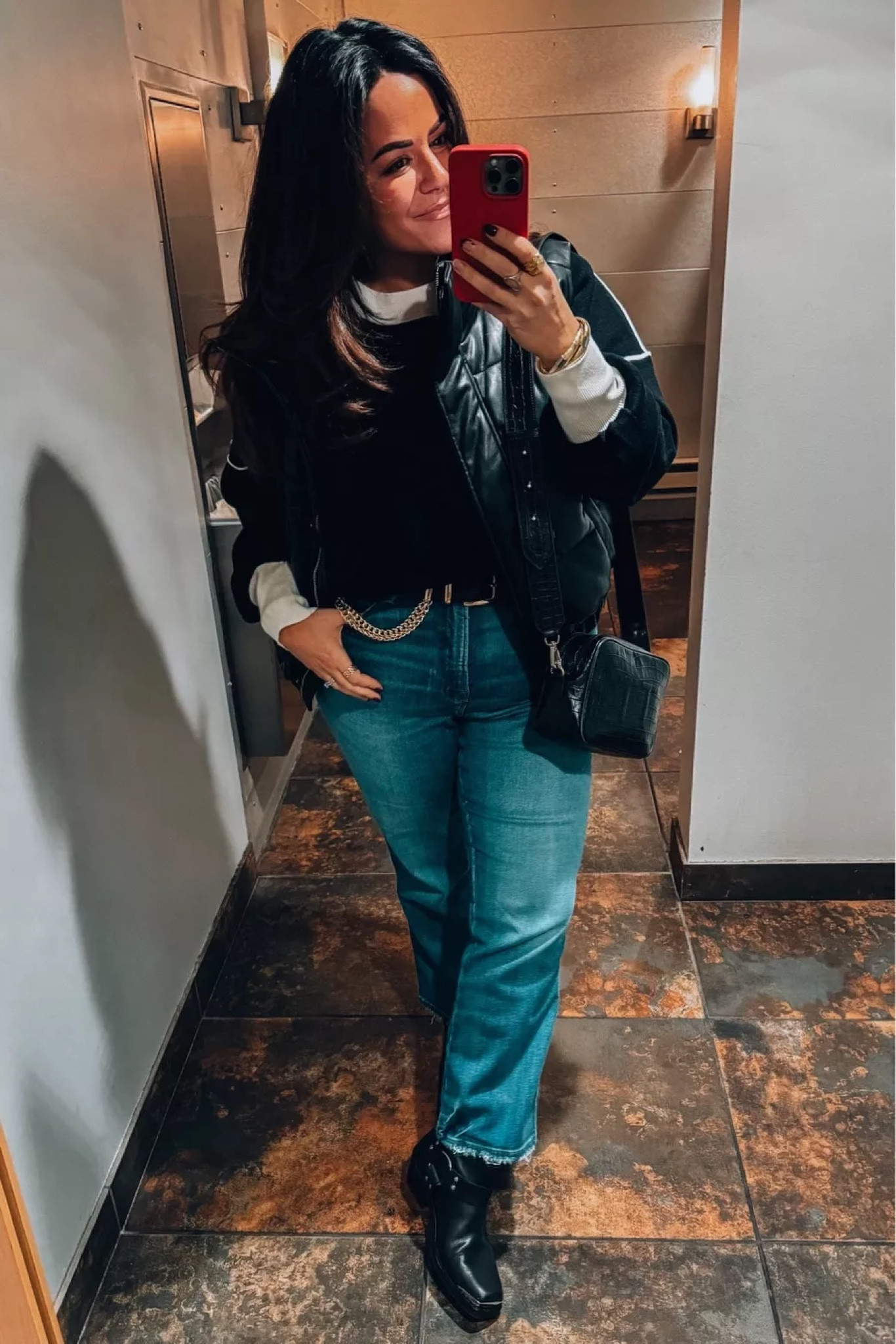 Midsize winter outfit idea Size large in the faux leather puffer vest Amazon sweater is an xl Chain belt l/xl Straight leg jeans have some stretch size 14 Moto boots tts Embossed leather crossbody bag

#LTKstyletip #LTKSeasonal #LTKmidsize