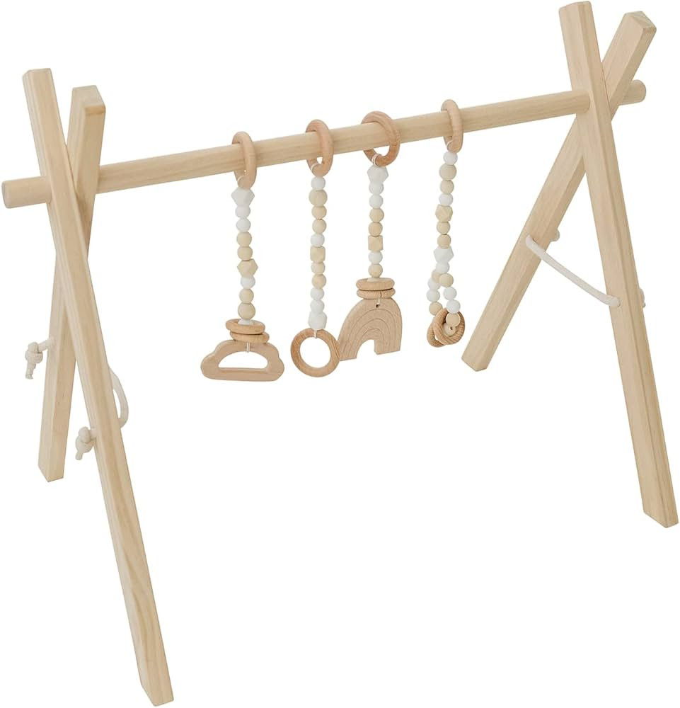 Poppyseed Play Wooden Baby Play Gym, Foldable Frame w/Hanging Bar, Tied Cotton Cord & Wooden Toys... | Amazon (US)