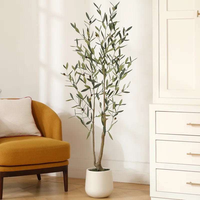 Primrue AdcockFaux Olive Tree with Round White Planter, Pre Potted Fake Greenry Olive Plant for H... | Wayfair North America