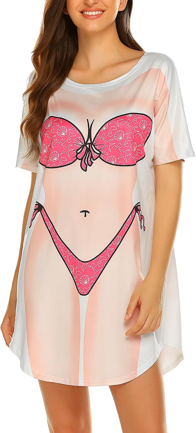 Ekouaer Women's Bikini Shirt Cover Up Short Sleeve Cute Bikini Print Cover-Up Baggy T Shirt Dress Fun Wear | Amazon (US)