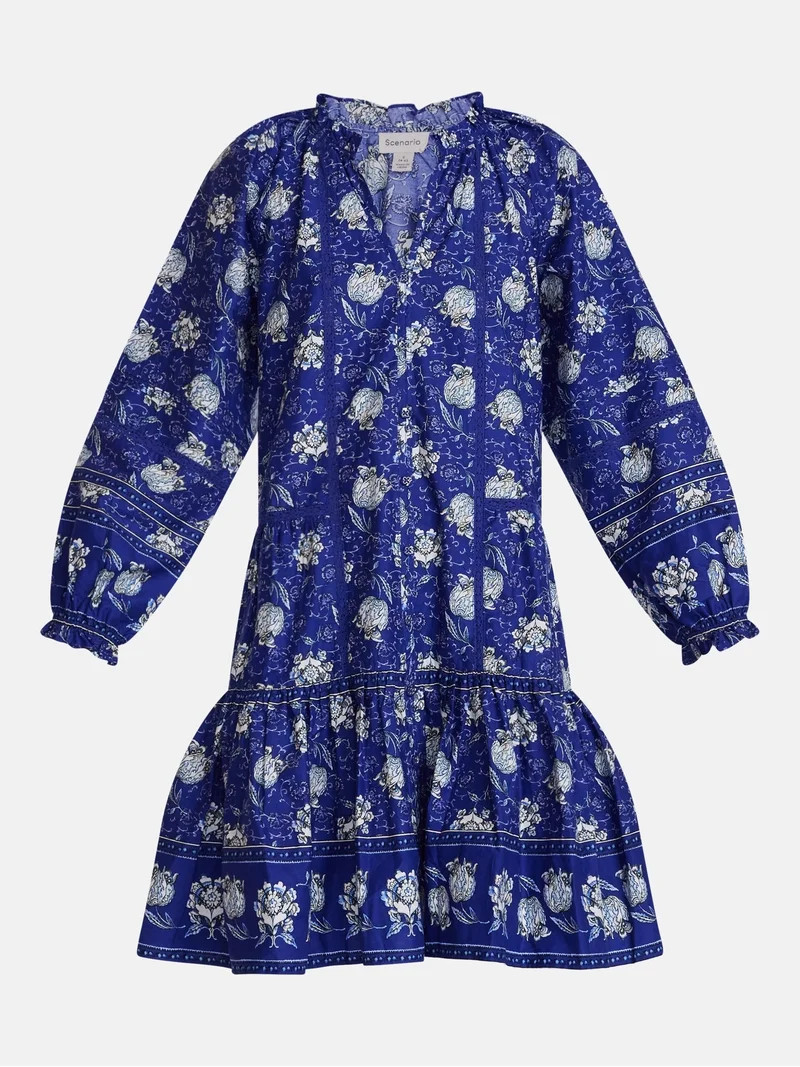 Scenario Women's and Women's Plus Tiered Hem Dress with Long Sleeves, Sizes XS-4X | Walmart (US)