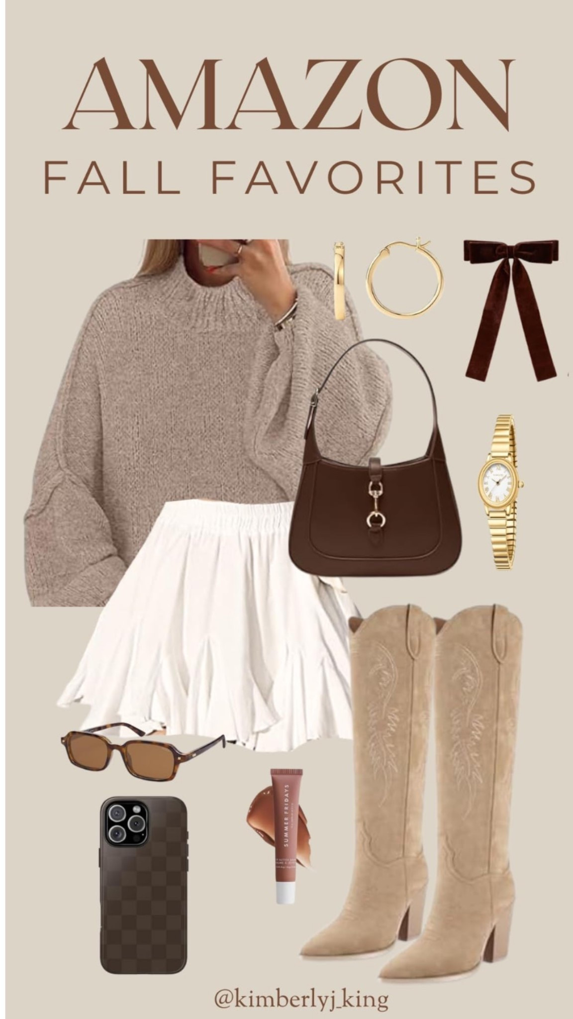 Cute Amazon fall fashion outfit ideas inspo sweater skirt boots chocolate brown neutrals oversized comfy sweater date night cute fall pre fall transitions outfit affordable Amazon fashionn