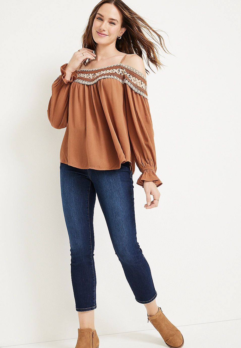 Crochet Embroidered Cold Shoulder Top | Maurices