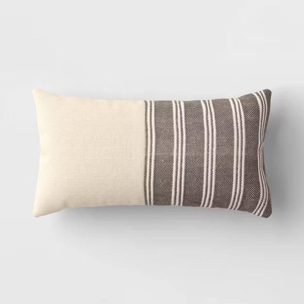 Outdoor Lumbar Throw Pillow Pieced Stripe Woven Black/Cream - Threshold™ designed with Stud... | Target