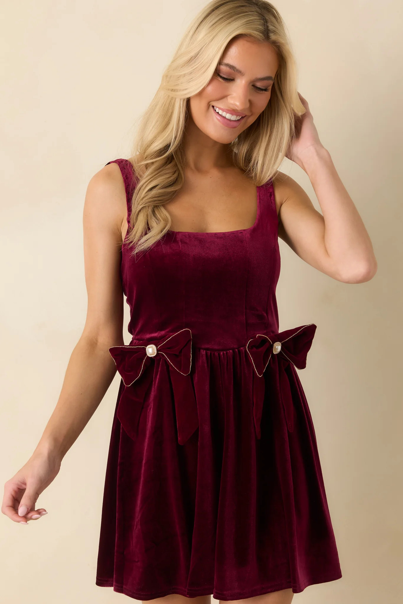 Looking Your Way Burgundy Velvet Bow Detail Mini Dress | Red Dress