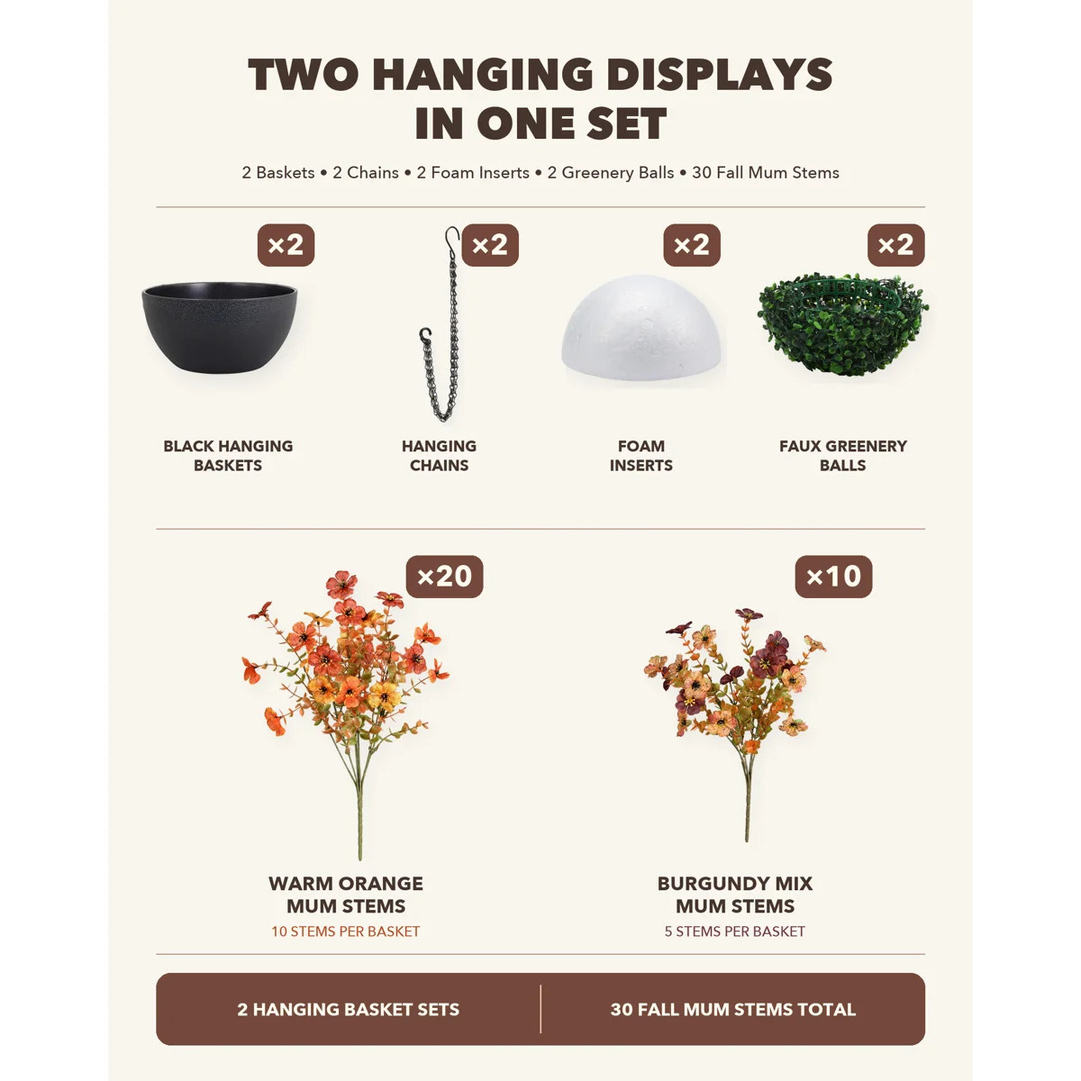 2 Piece Faux Mum Outdoor Hanging Basket Set 10in for Fall Porch and Patio Decor (Set of 2) | Wayfair North America
