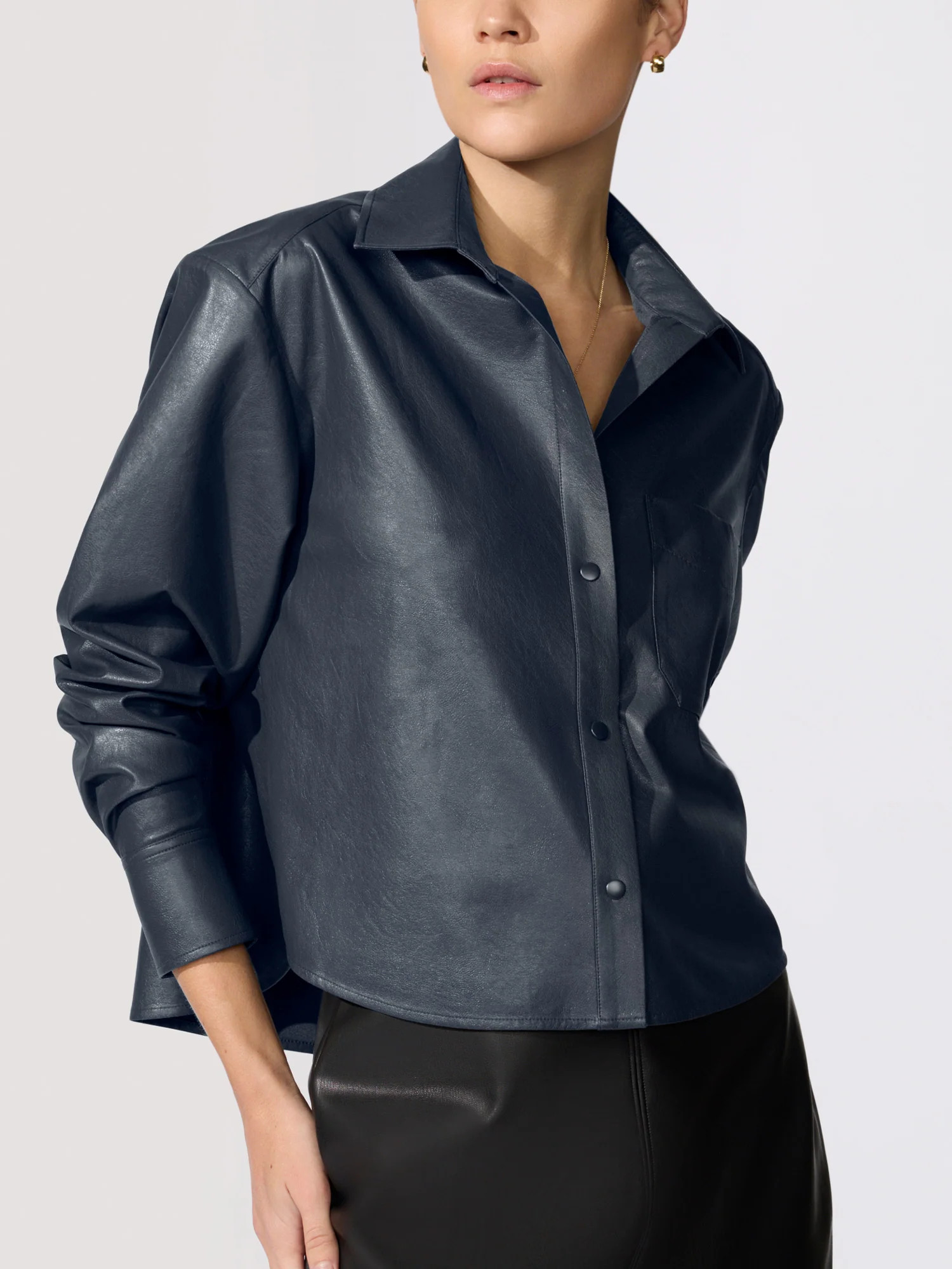Women's Everyday Cropped Vegan Leather Shirt in Admiral | Brochu Walker | Brochu Walker