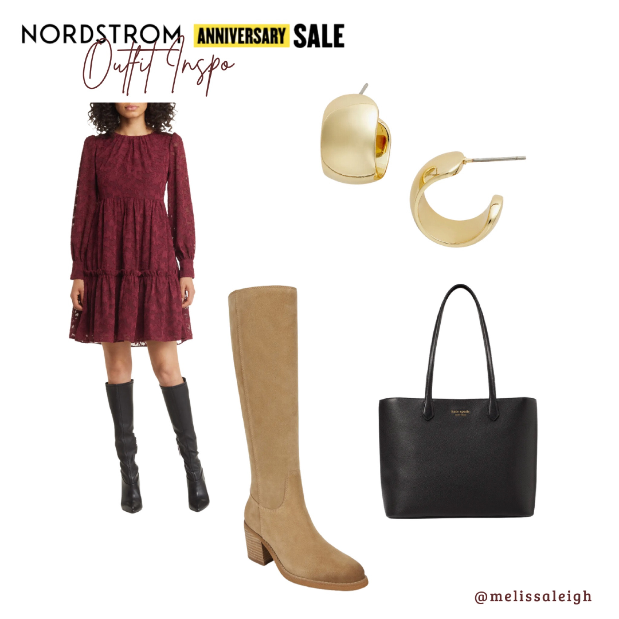Nordstrom anniversary sale, Nordstrom, Nordstrom sale, n sale 2023, sale finds, fall dress, burgundy long sleeve tiered dress, knee high camel Sam Edelman boots, kate spade black tote bag, wide huggies gold hoop earrings, work outfit, office style 

#LTKworkwear #LTKxNSale #LTKSeasonal