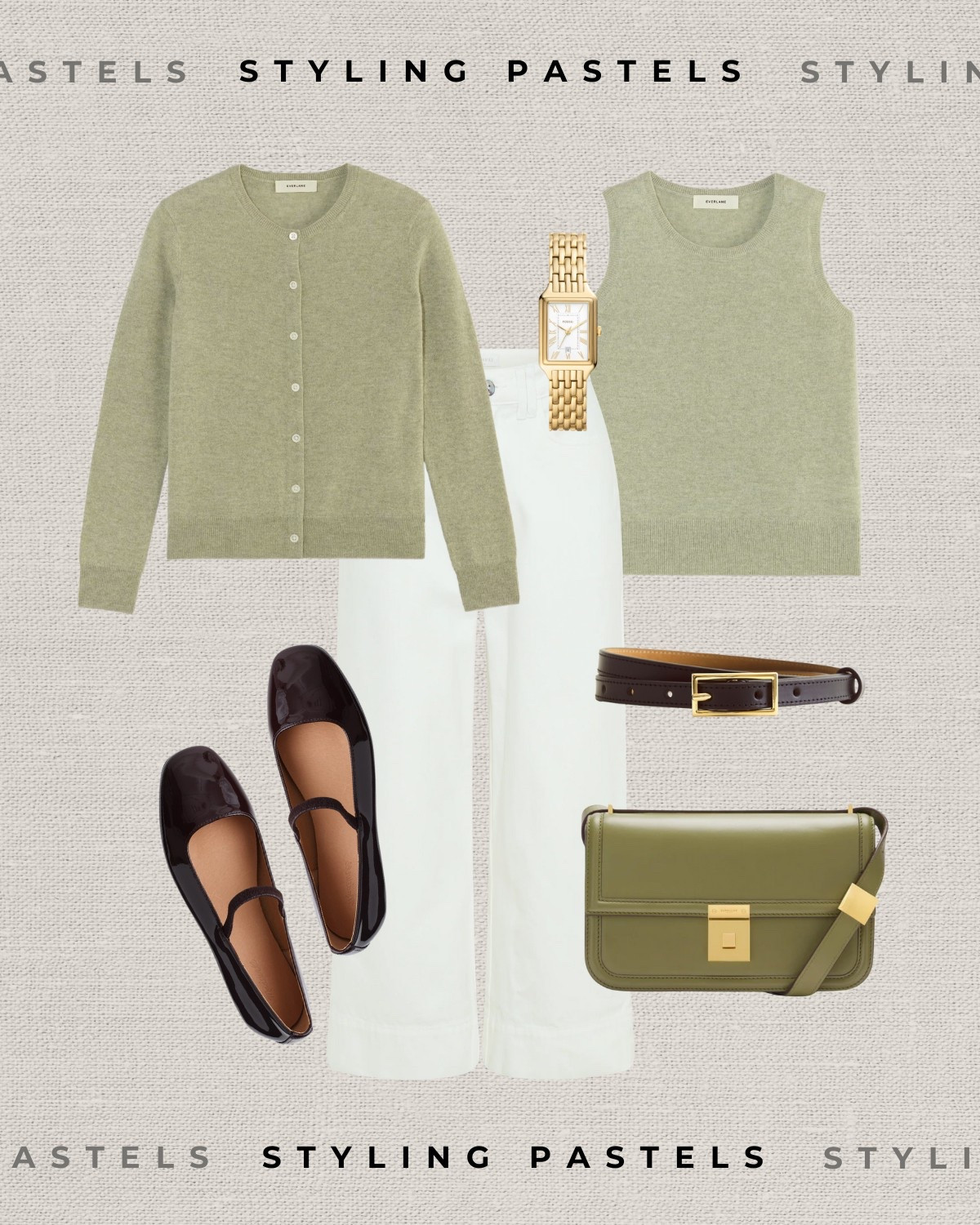 Styling pastels for spring 

Sage green / white jeans / brown ballet flats / gold watch / belt 

#LTKSeasonal #LTKStyleTip