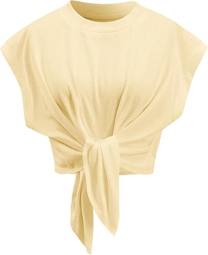 Tank Top for Women Crew Neck Cap Sleeve Tie Front Pullover Ruched T-Shirt Tops Summer Beach Crop ... | Amazon (US)
