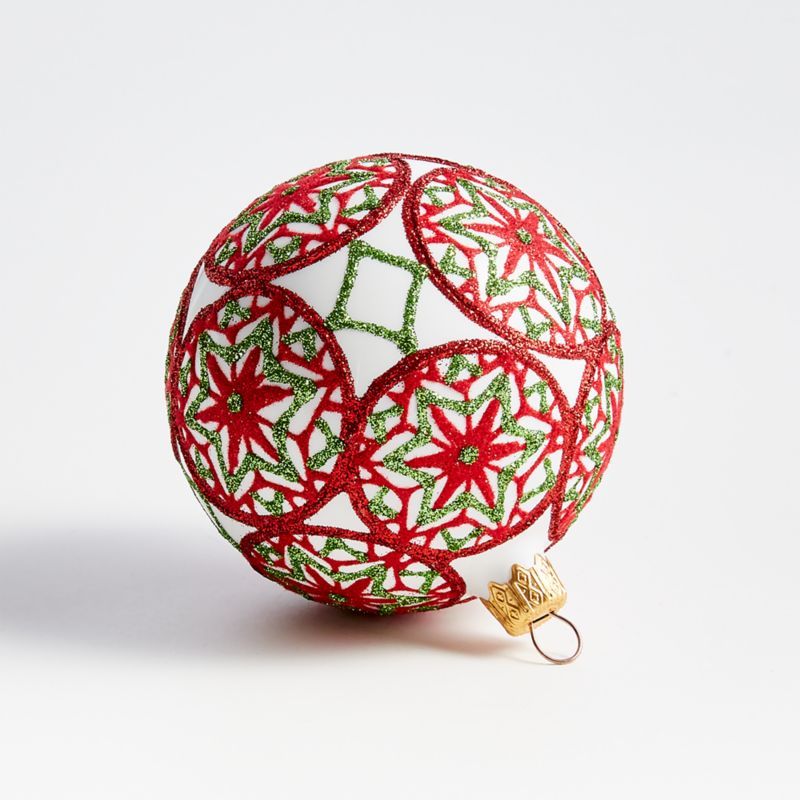 Red Green Flocked Snowflake Ball Christmas Tree Ornament + Reviews | Crate and Barrel | Crate & Barrel
