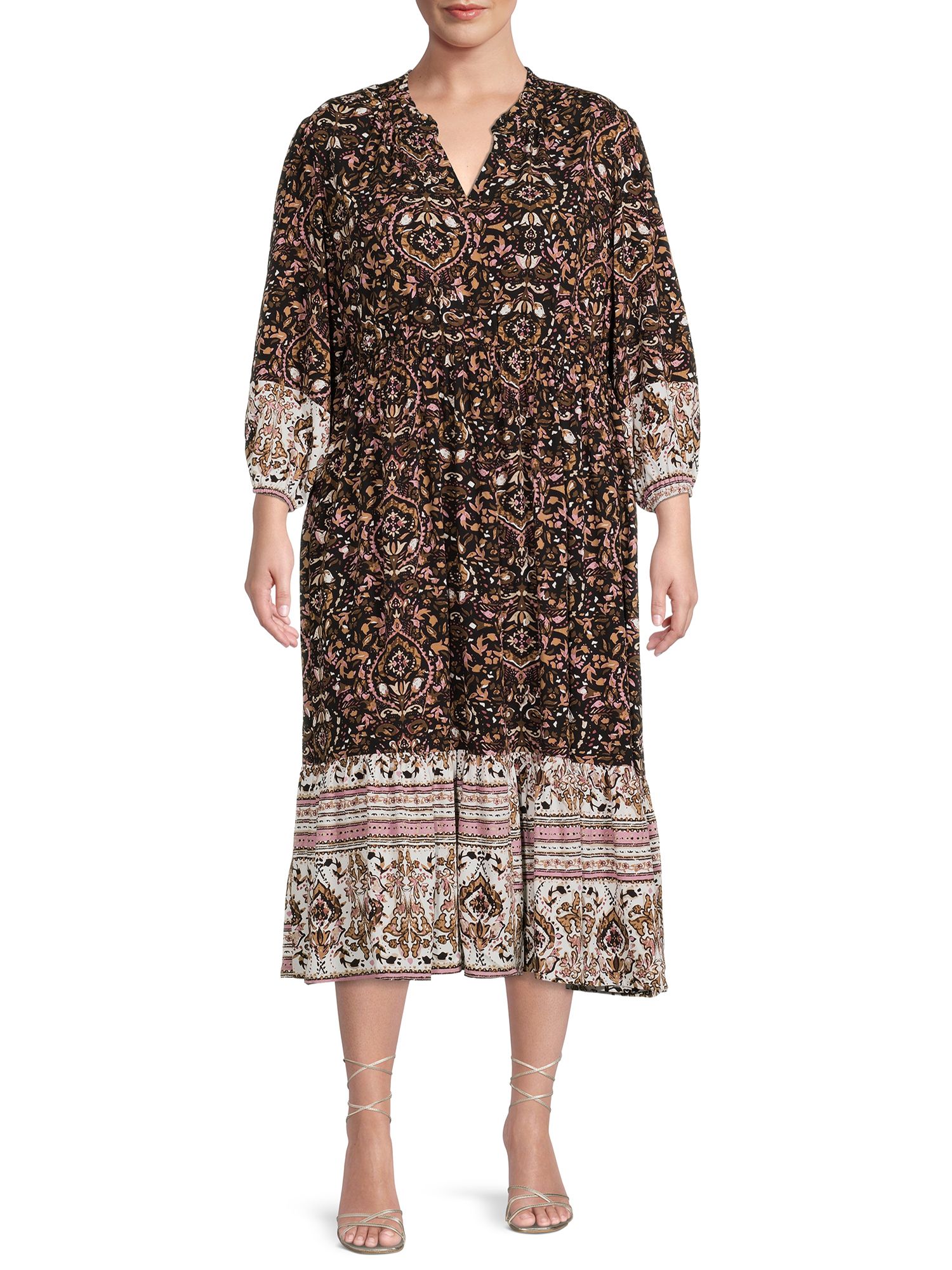 LA Threads Women's Plus Size Quarter Sleeve Mixed Print Maxi Dress - Walmart.com | Walmart (US)