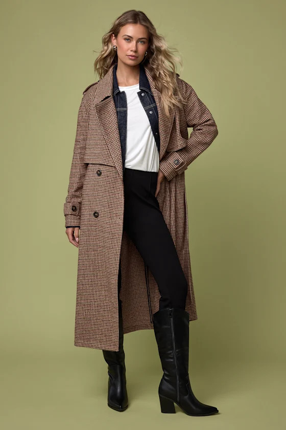 Arnella Light Brown Houndstooth Belted Trench Coat | Lulus