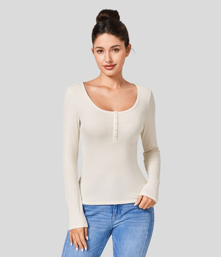 Women’s Ribbed Henley Neck Long Sleeve Slim Casual Top - Halara | HALARA