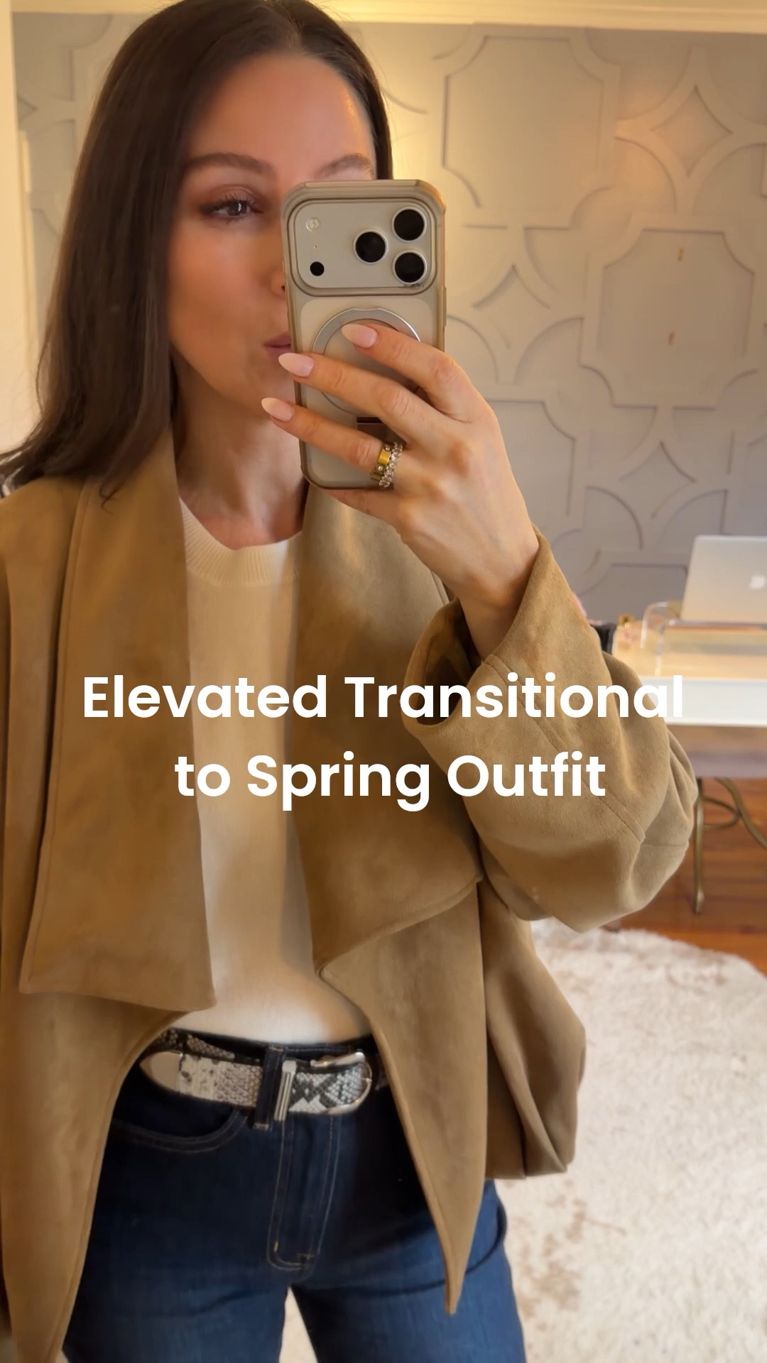 Outfit Breakdown for an elevated casual brunch outfit. 
Top: true to size
Jacket: true to size or down down (runs oversized)
Jeans: true to size. the best 
Belt: sized down one 

#LTKSeasonal #LTKootd #LTKOver40