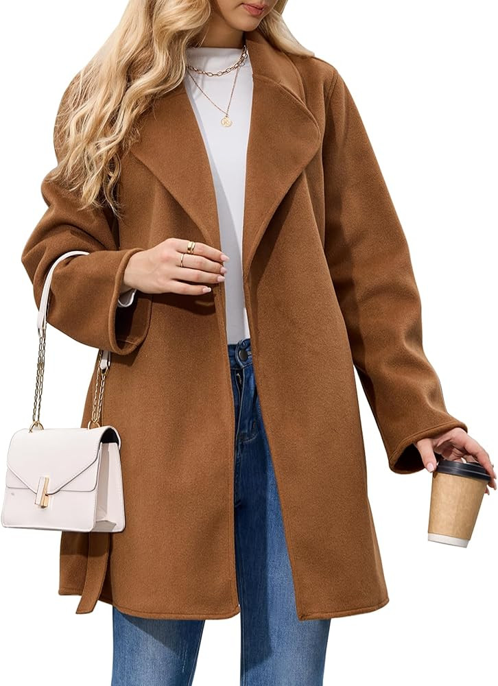 Women's Wool Blend Coat with Pockets Mid-Long Winter Overcoat, Thick Wool & Pea Coats jacket with... | Amazon (US)