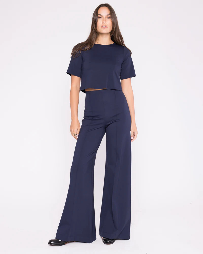 Navy Ponte Knit Long Wide Leg Pant | Ripley Rader