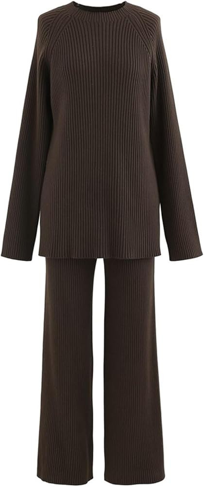 CHICWISH Women's Sand/Teal/Black/Brown Rib Knit Split Hem Sweater and Pants Set | Amazon (US)