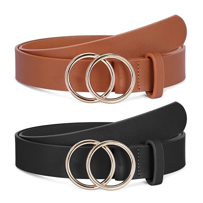 2 Pack Women Leather Belts Faux Leather Jeans Belt with Double O-Ring Buckle | Amazon (US)