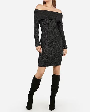 heathered off the shoulder ribbed cozy sheath dress | Express