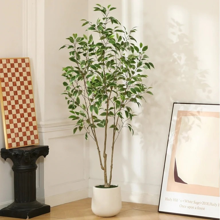 6ft Fake Ficus Tree with Oval White Planter, Pre Potted Faux Greenry Plant for Home Decor Office ... | Walmart (US)