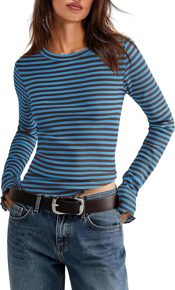 Nirovien Womens Striped Long Sleeve Tops Waffle Knit Fall Shirts | Amazon (US)