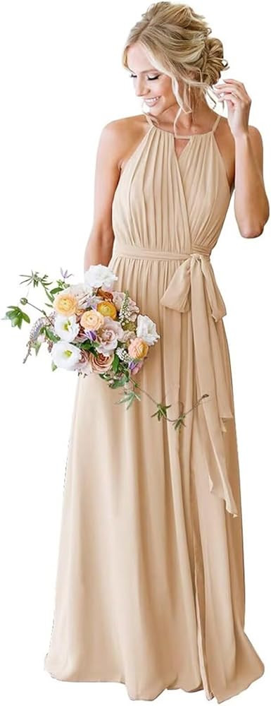 Women's A Line Chiffon Bridesmaid Dresses Long with Slit Halter Wrap Formal Evening Party Gown wi... | Amazon (US)