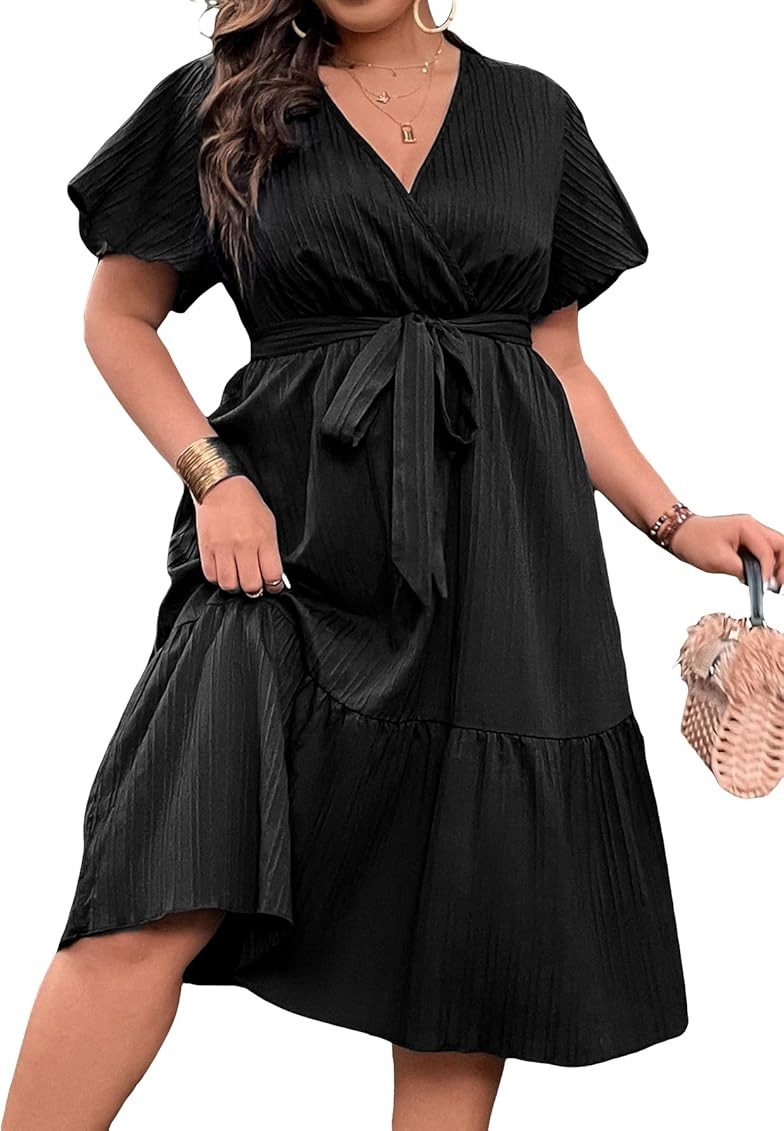 Floerns Women's Plus Size Boho Floral V Neck Short Sleeve A Line Long Dress | Amazon (US)