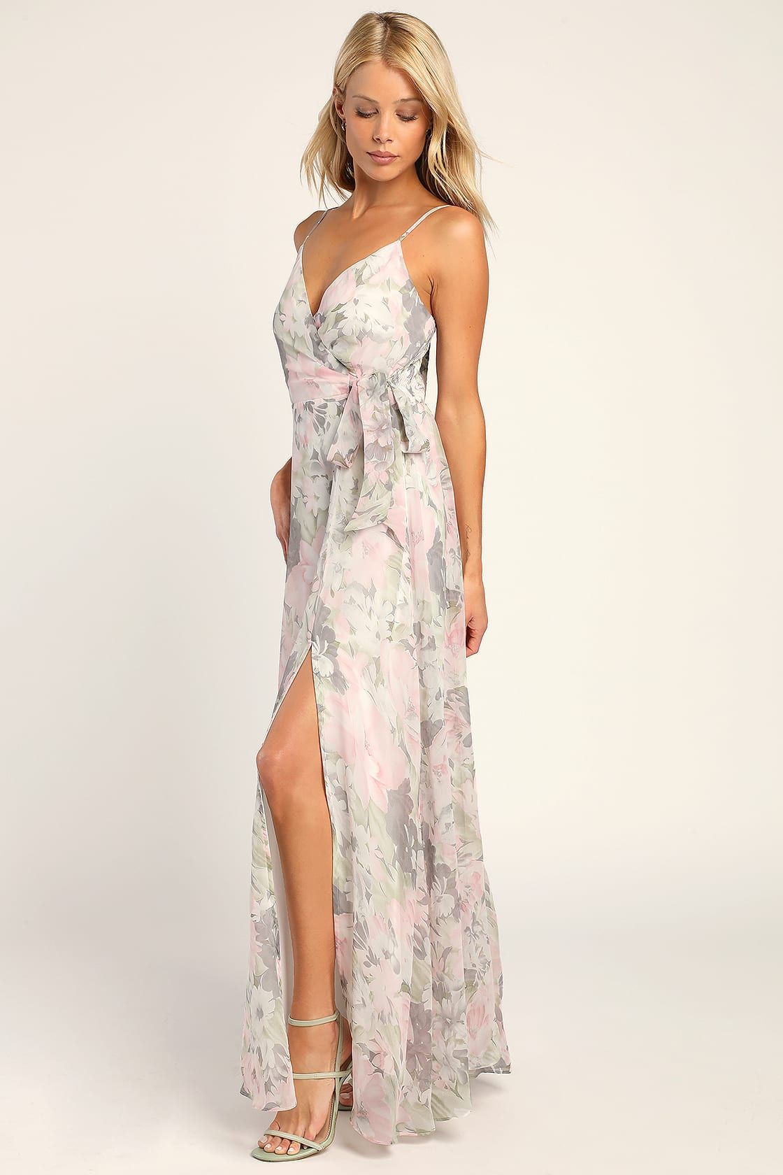 Sweetly Dreaming Grey Multi Floral Print Faux-Wrap Maxi Dress | Lulus (US)