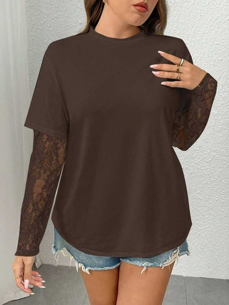 Easura Plus Size Women's Spring/Summer Knit Lace Patchwork Straight Short Sleeve T-Shirt | SHEIN