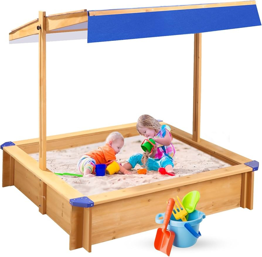 Kids Sandbox with Cover, Large Outdoor Sandbox with Canopy Height Adjustable, Sand Pit for Backya... | Amazon (US)