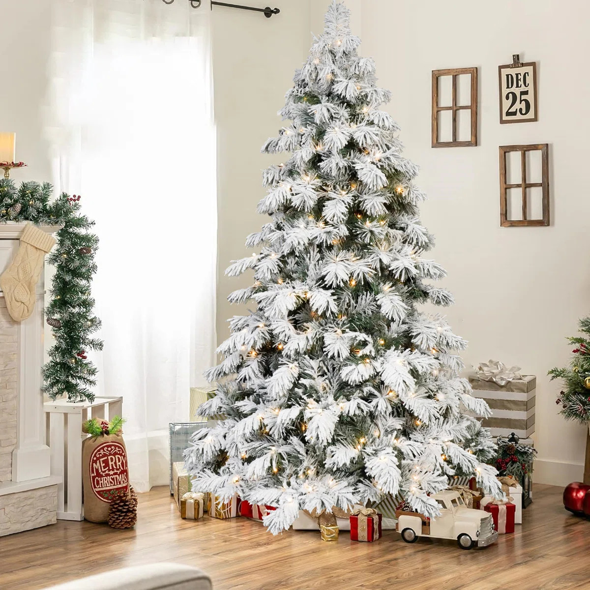 Pre-Lit Snow Flocked Christmas Tree with PVC Branches, LED Lights, Foldable Metal Base | Wayfair North America