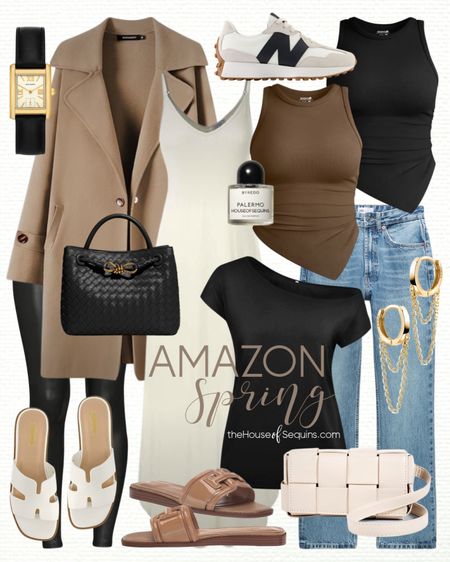 Shop these Amazon Fashion Spring Outfit finds! CroppedTrench coat, faux leather leggings, maxi dress, Bottega bag Inspired look for less, Sam Edelman Irina slide sandals, New Balance 327 and more! 