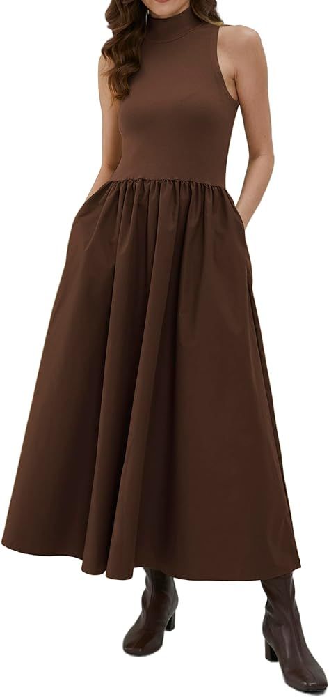 Sleeveless Maxi Dress for Women Patchwork Turtleneck Pullover Dresses with Pockets Casual Plain F... | Amazon (US)