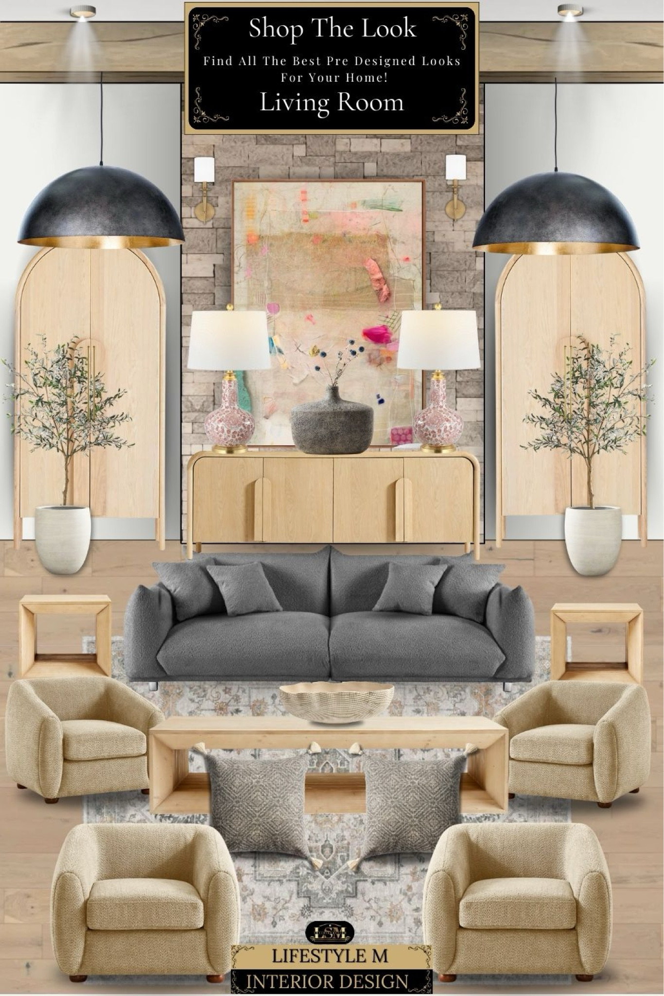 Beige living room with a pop of color. Beige accent chairs, oak coffee table, gray throw pillow, oak wood end table, gray cloud sofa, beige gray traditional rug, ribbed decor bowl, oak wood console table, gray vase, white tree planter pot, faux olive tree, rose table lamps, colorful abstract wall art, tall oak cabinetry, black dome pendant lights, stone wall tiles, brass wall sconces light. 

#LTKHome #LTKSaleAlert #LTKStyleTip