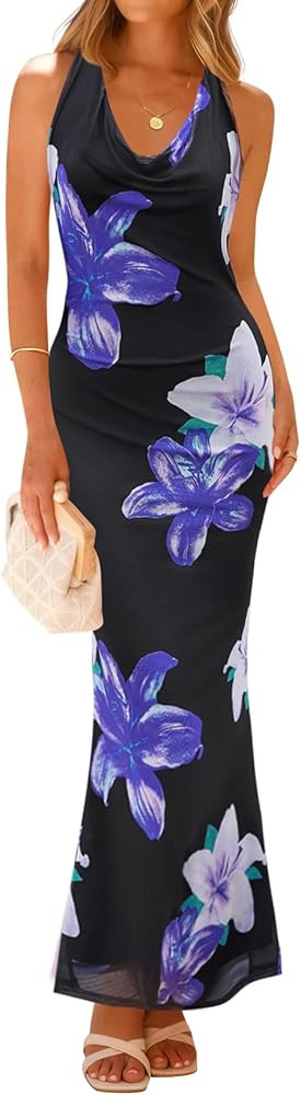 ZESICA Women's 2026 Summer Halter Neck Floral Print Maxi Dress Sleeveless Backless Wedding Guest ... | Amazon (US)